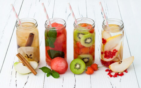 eaux fruitées pomme kiwi melon dans verres avec pailles