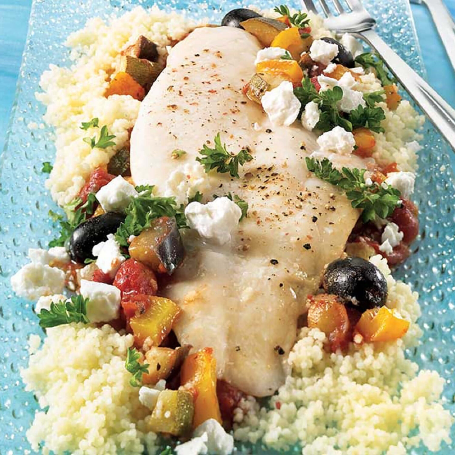 filet de pangasius sur légumes à la provençale sur une nappe bleu