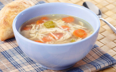soupe de poulet et nouilles dans un bol bleu