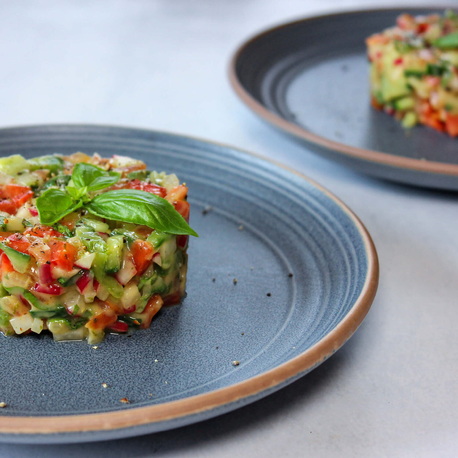 tartare de légumes du jardin dans assiette bleu