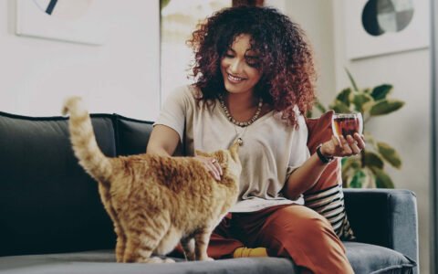 femme sur un canapé caresse un chat
