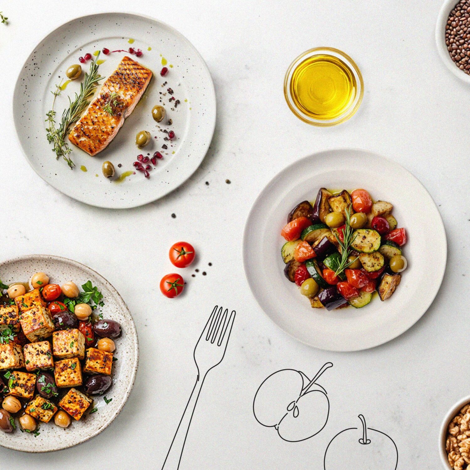 assiettes et bols avec différents aliments