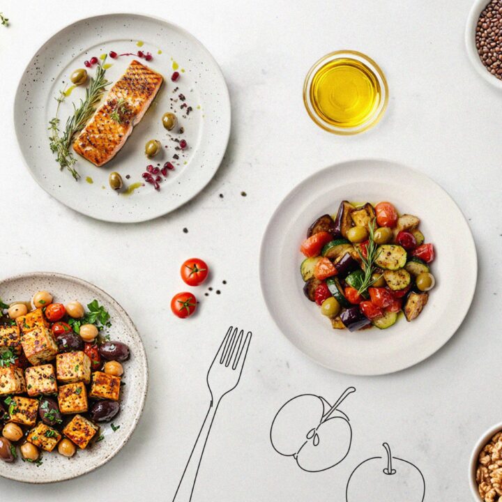 assiettes et bols avec différents aliments